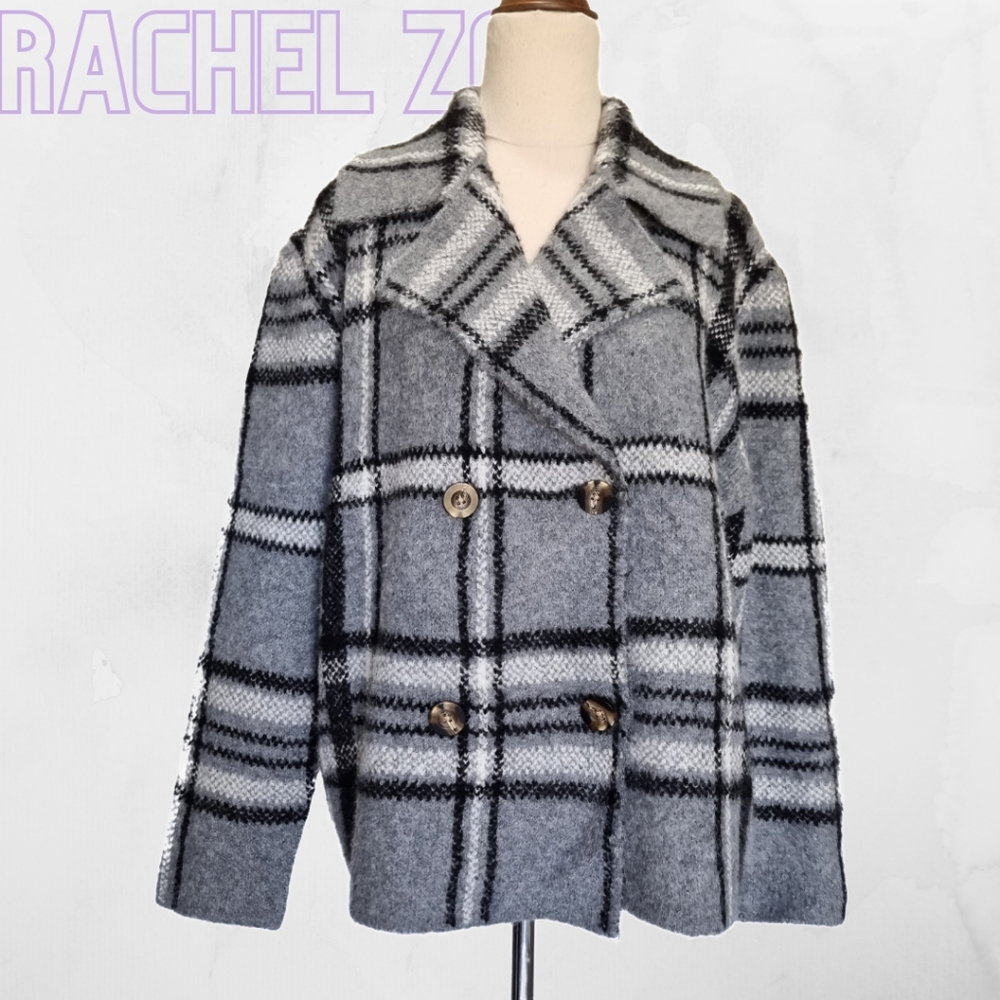 Rachel Zoe Grey & Black Plaid Soft & Cosy Double Breasted Jacket Size L - Picture 1 of 7